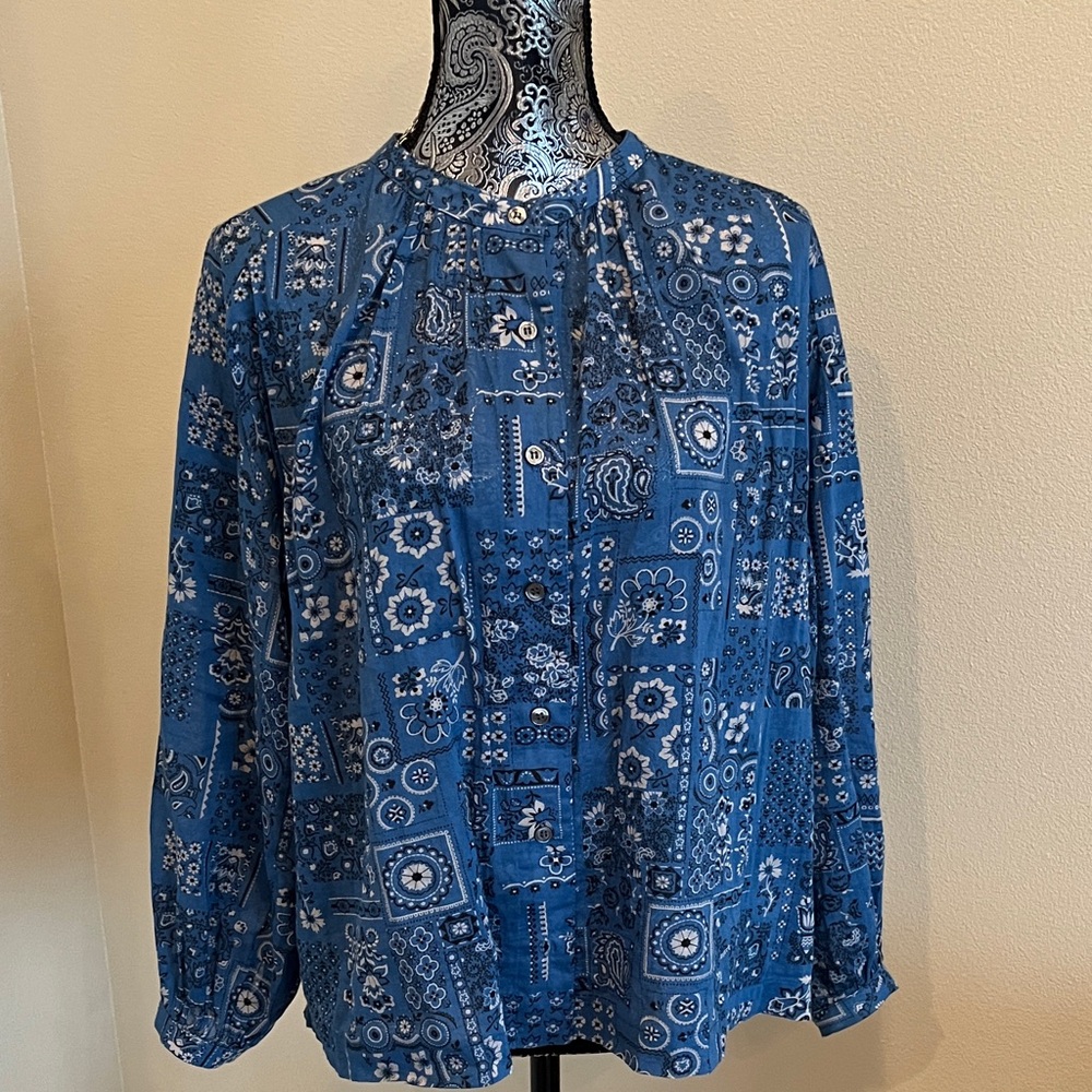 Overlover Blue Bandana Print 100% Cotton Blouse Size Small